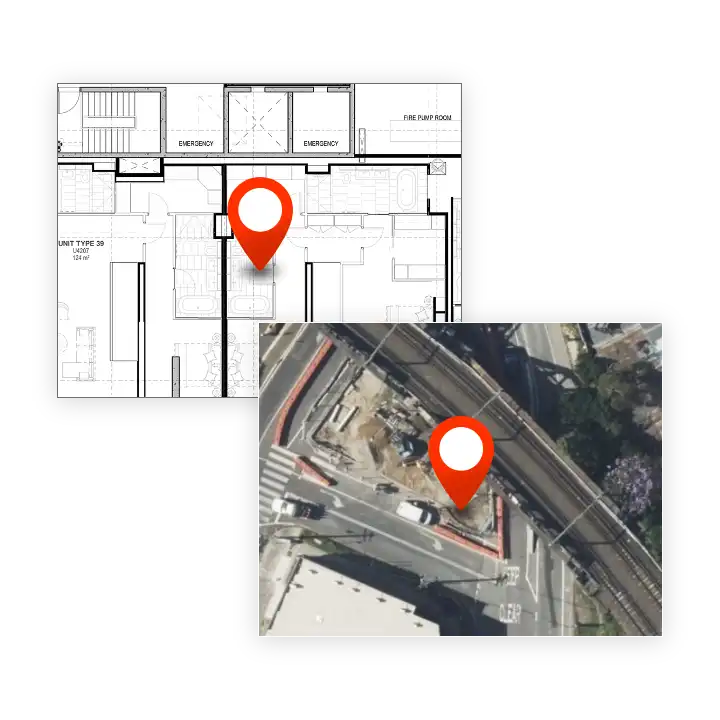 Image showing the ability to pin the precise location of a photo on a map or a plan.