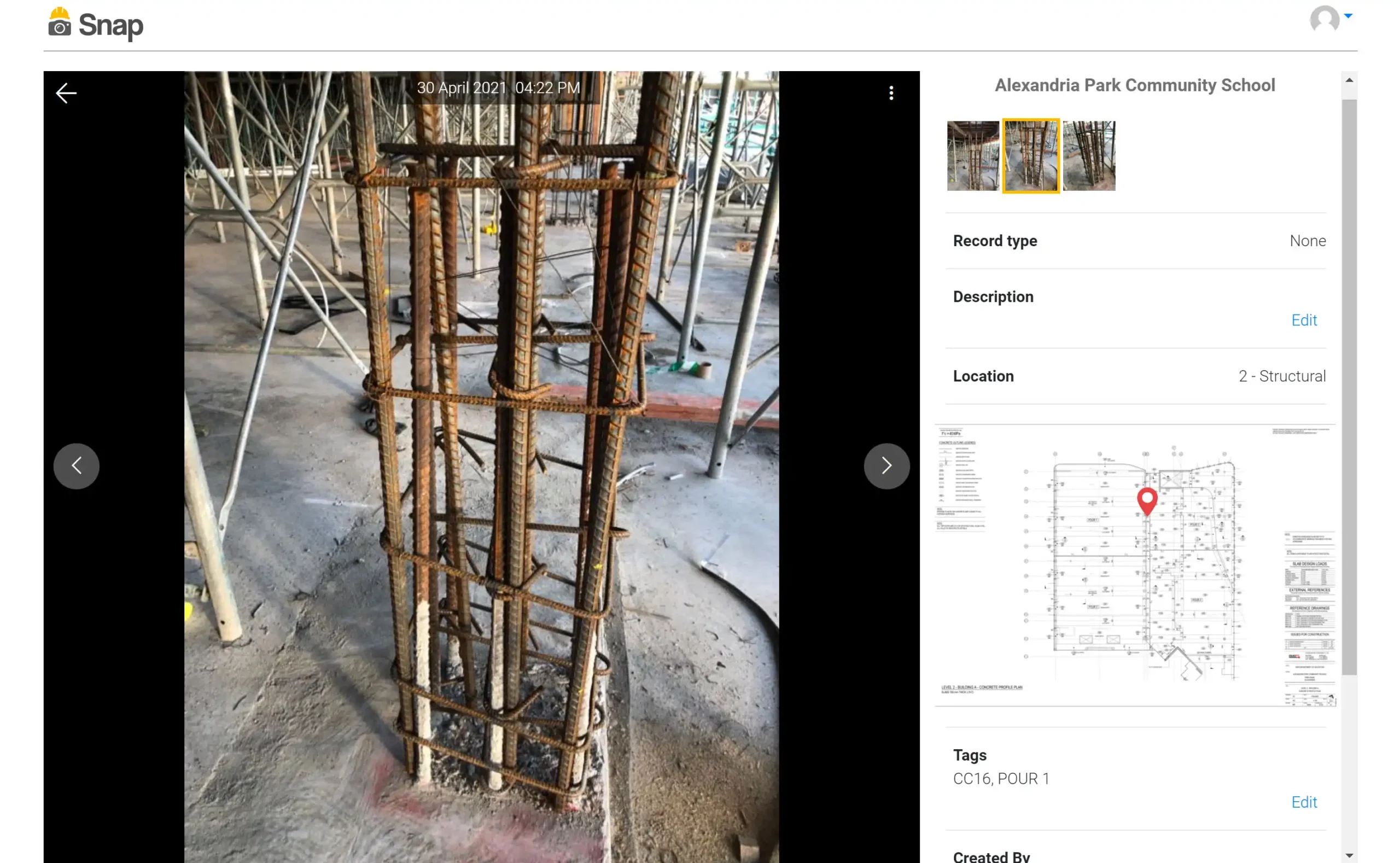 Screenshot of structural photos being organised on a plan in Snap