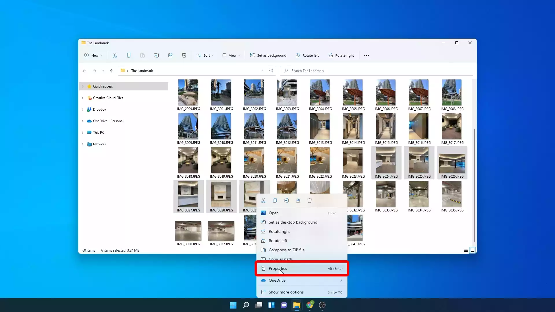 Windows screenshot right clicking on selected images