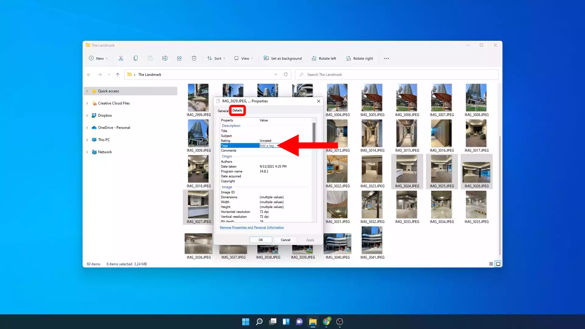 Windows screenshot adding tags in file properties details tab