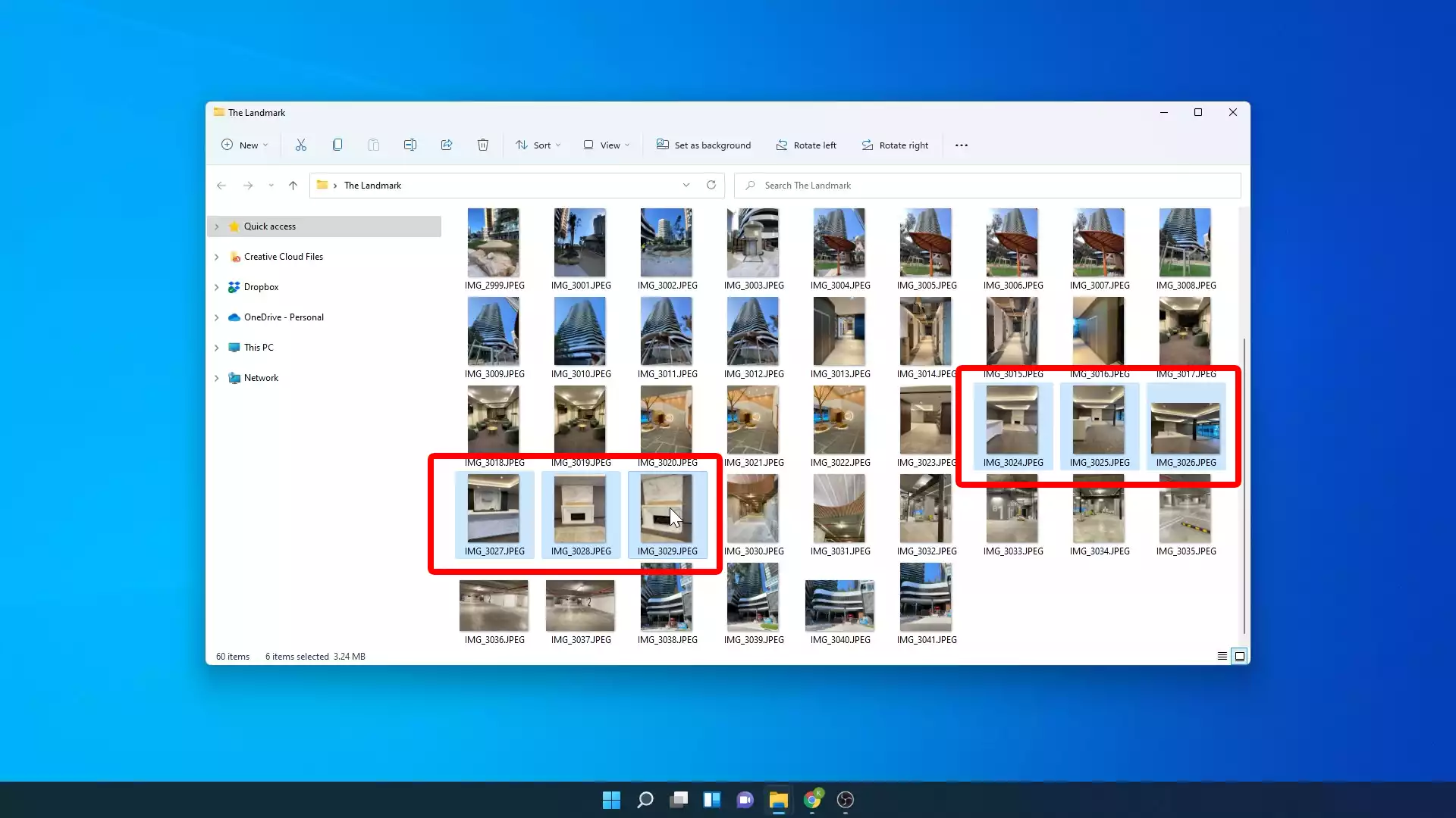 Windows screenshot selecting multiple photos in Windows file explorer