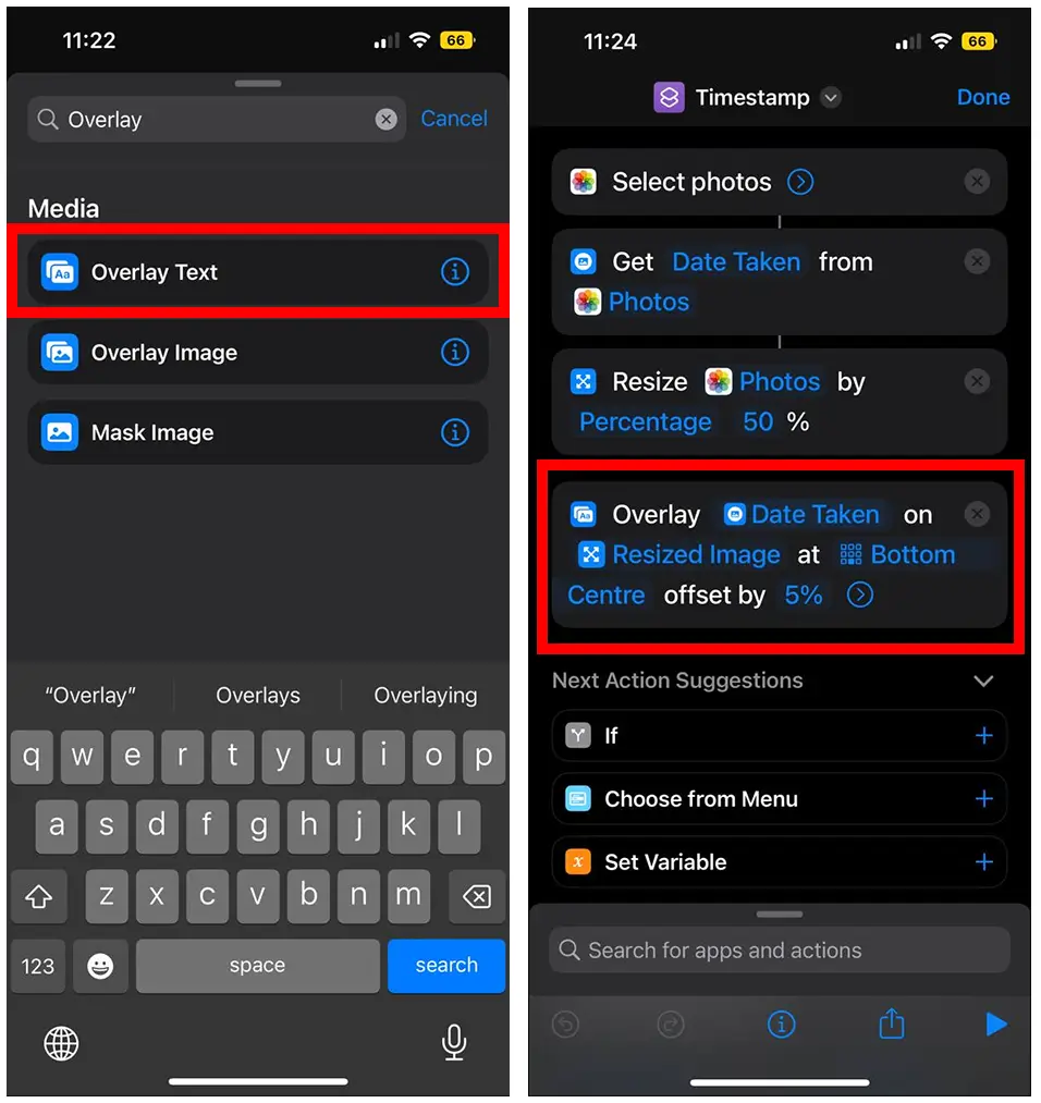 screenshot of Shortcuts app (iOS). Adding overlay text action.