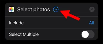 screenshot of Shortcuts app (iOS). Details of Select Photos action.