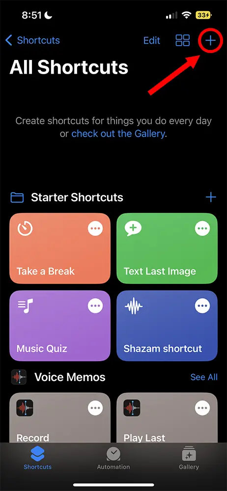 screenshot of Shortcuts app (iOS). Adding new shortcut.