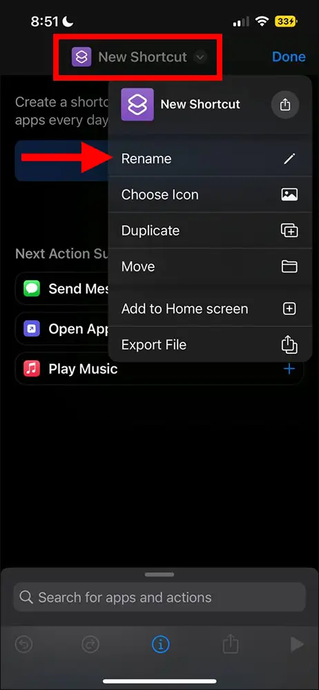 screenshot of Shortcuts app (iOS). Renaming shortcut.