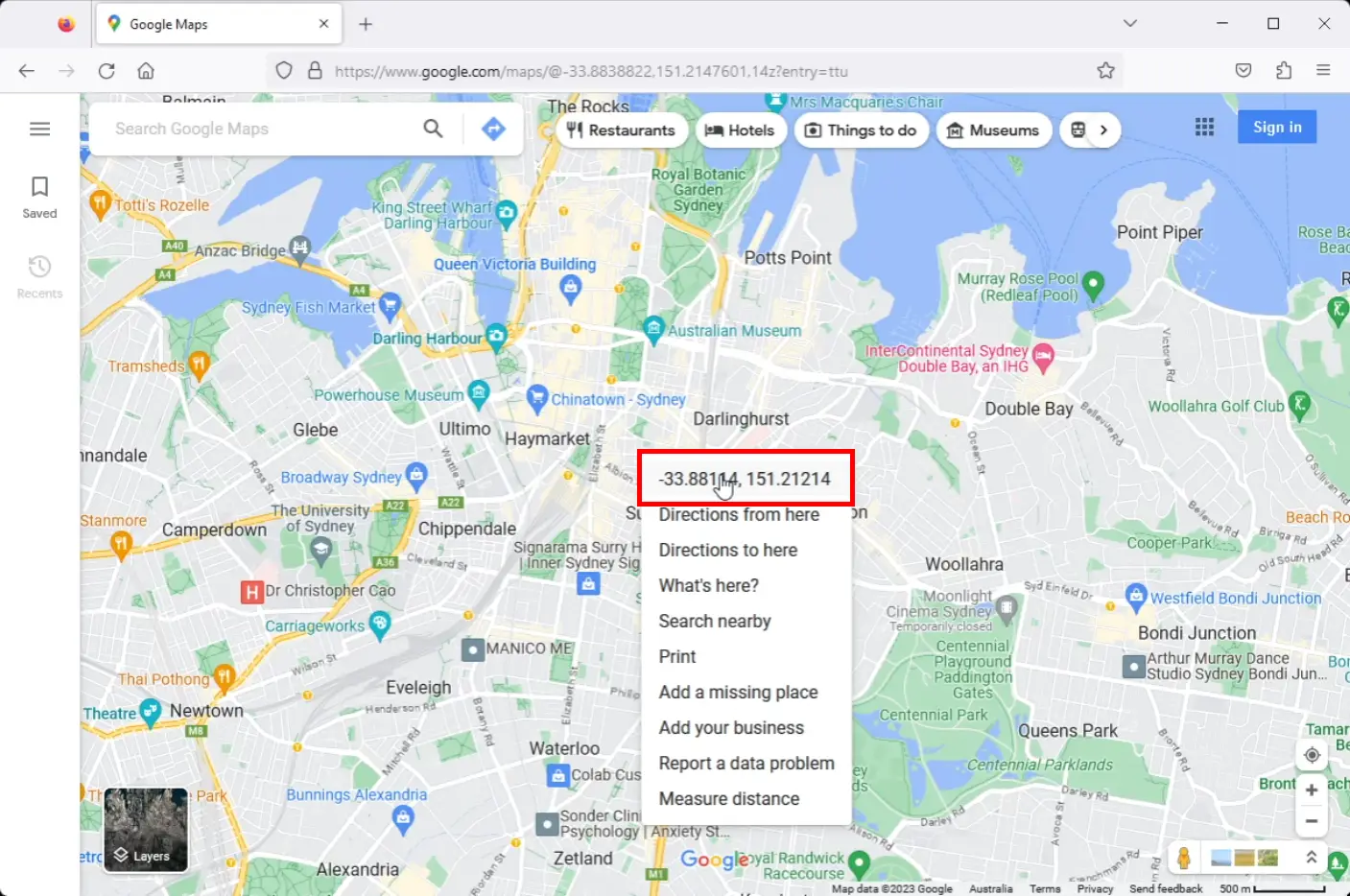 Screenshot of Google Maps showing GPS value of cursor location.